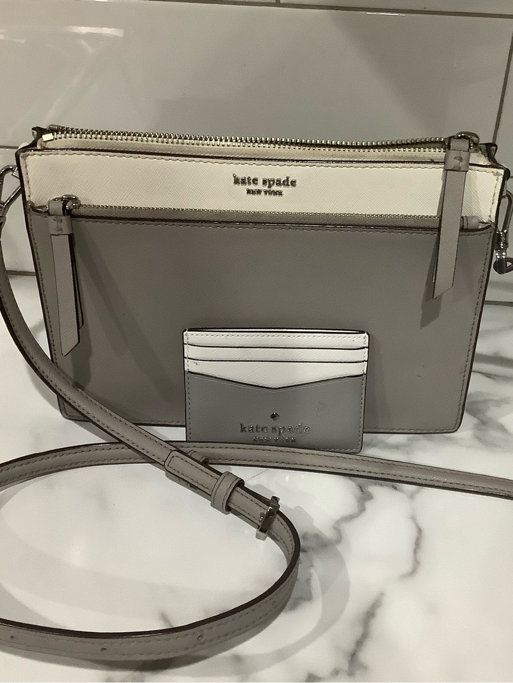Gray Leather Crossbody with Card Holder and front zip Pocket